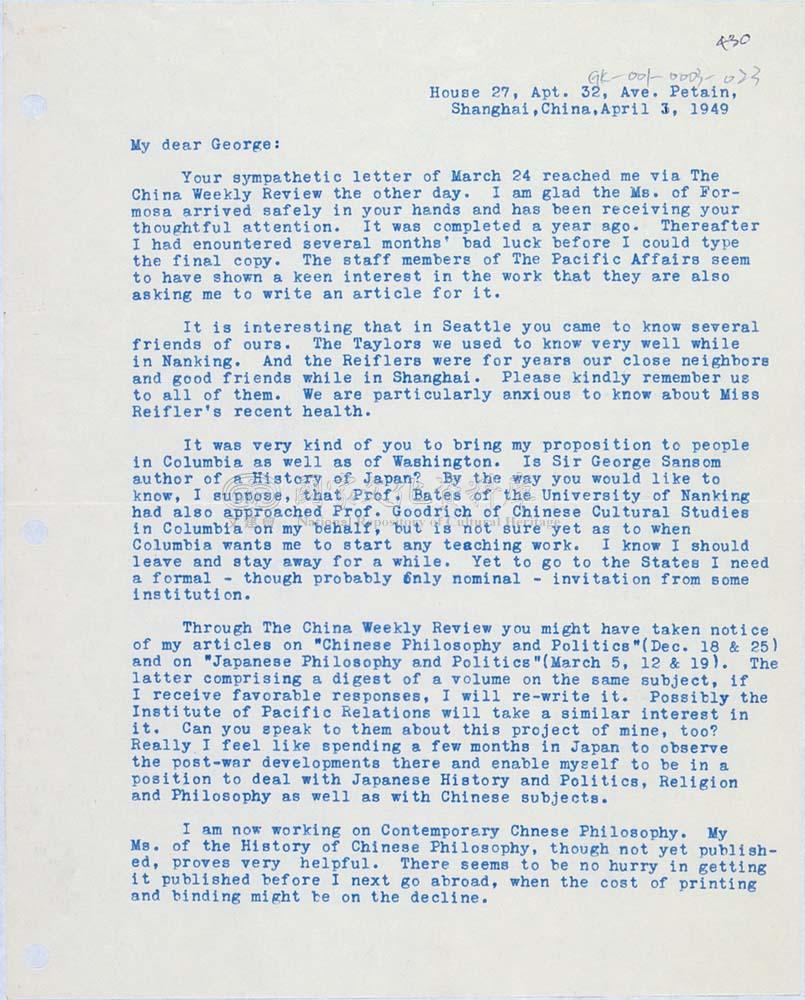 Joshua W. K. Liao to George H. Kerr 1949 Apr .3